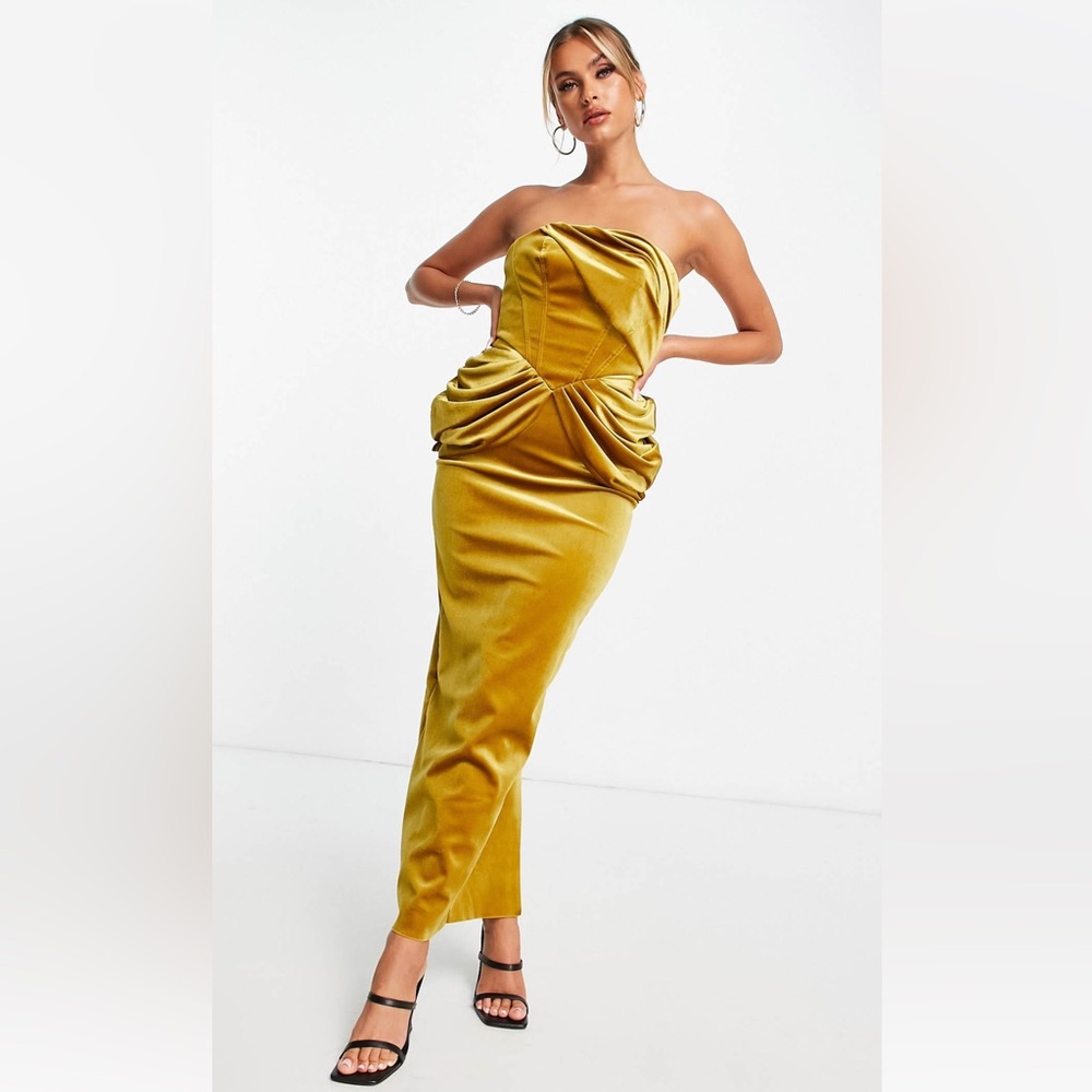 ASOS DESIGN velvet bandeau drape midi dress in gold. Size 0
